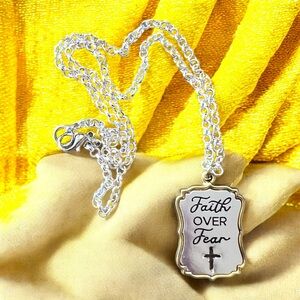 Silver and Gold Toned Pendant Necklace with Cross Detail “Faith Over Fear”